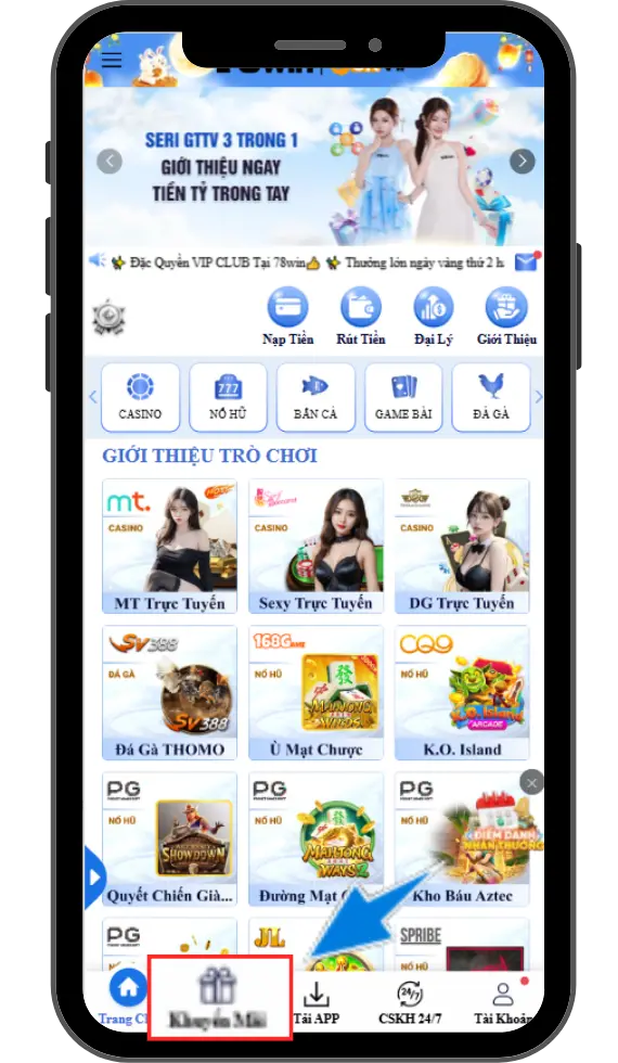 Bước 1: Tại trang chủ chọn mục KHUYẾN MÃI